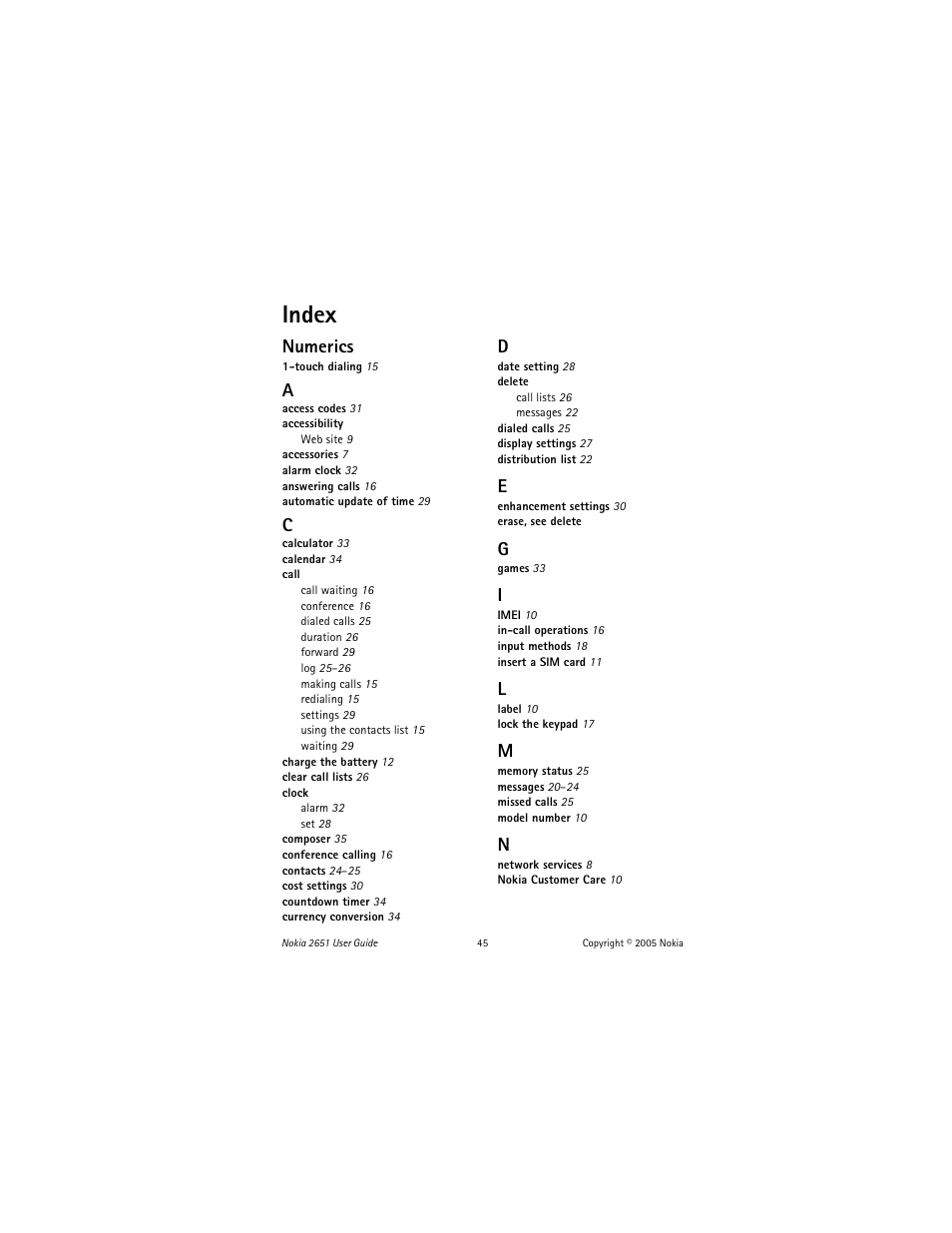 Index, Numerics | Nokia 2651 User Manual | Page 46 / 97