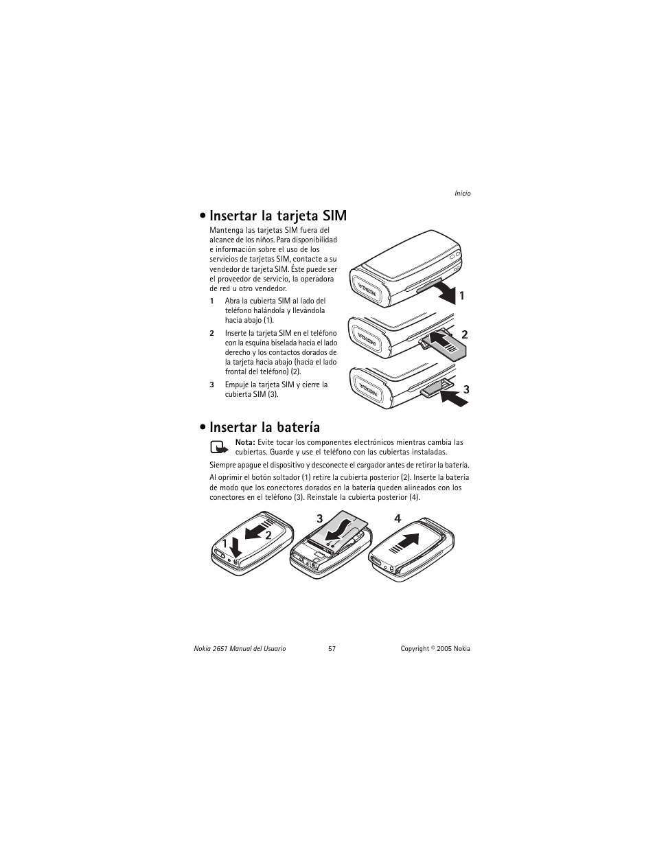 Insertar la tarjeta sim, Insertar la batería, Insertar la tarjeta sim insertar la batería | Nokia 2651 User Manual | Page 58 / 97
