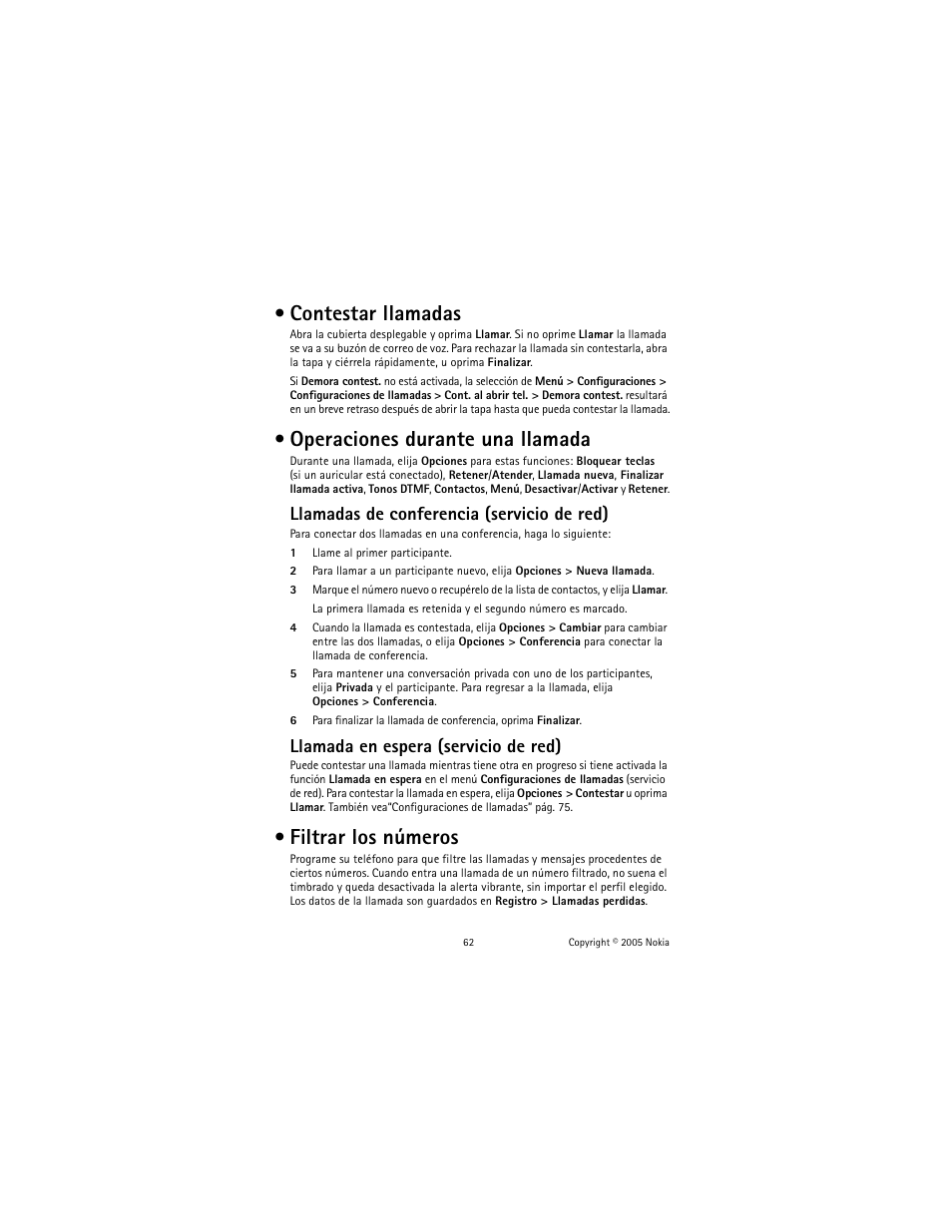 Contestar llamadas, Operaciones durante una llamada, Filtrar los números | Llamadas de conferencia (servicio de red), Llamada en espera (servicio de red) | Nokia 2651 User Manual | Page 63 / 97