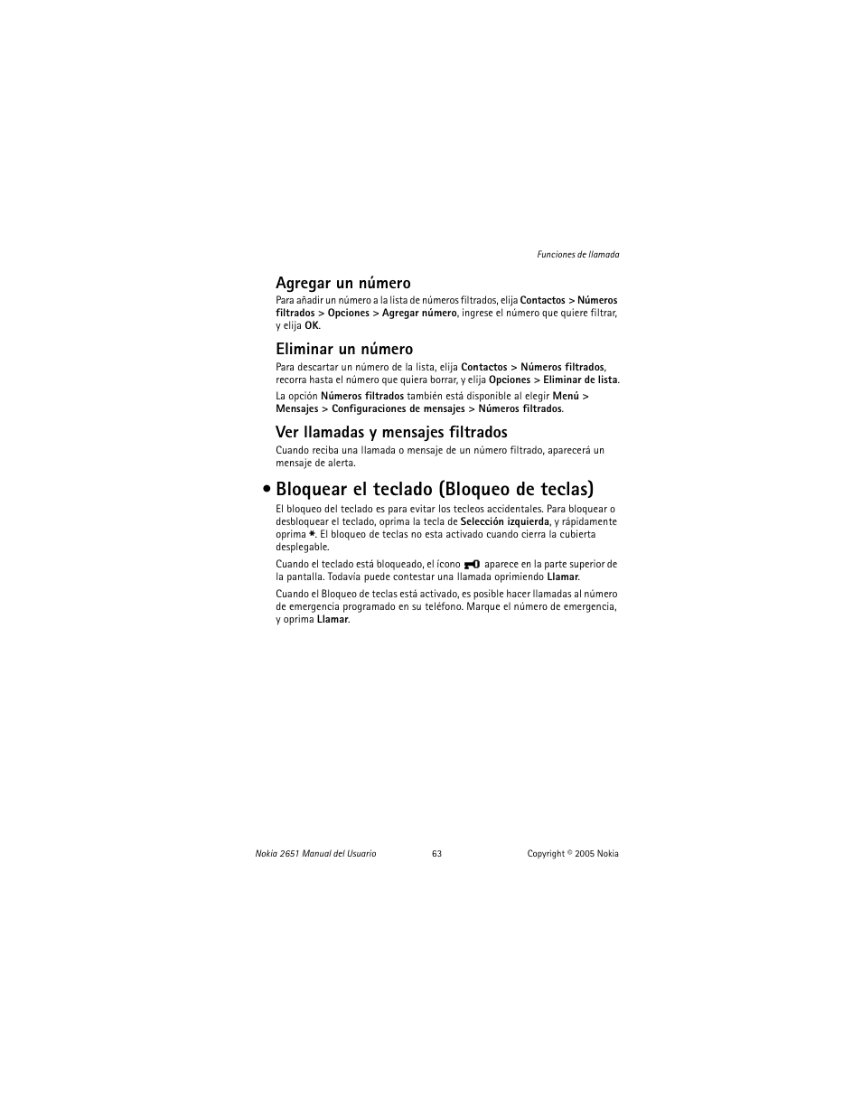 Bloquear el teclado (bloqueo de teclas), Agregar un número, Eliminar un número | Ver llamadas y mensajes filtrados | Nokia 2651 User Manual | Page 64 / 97
