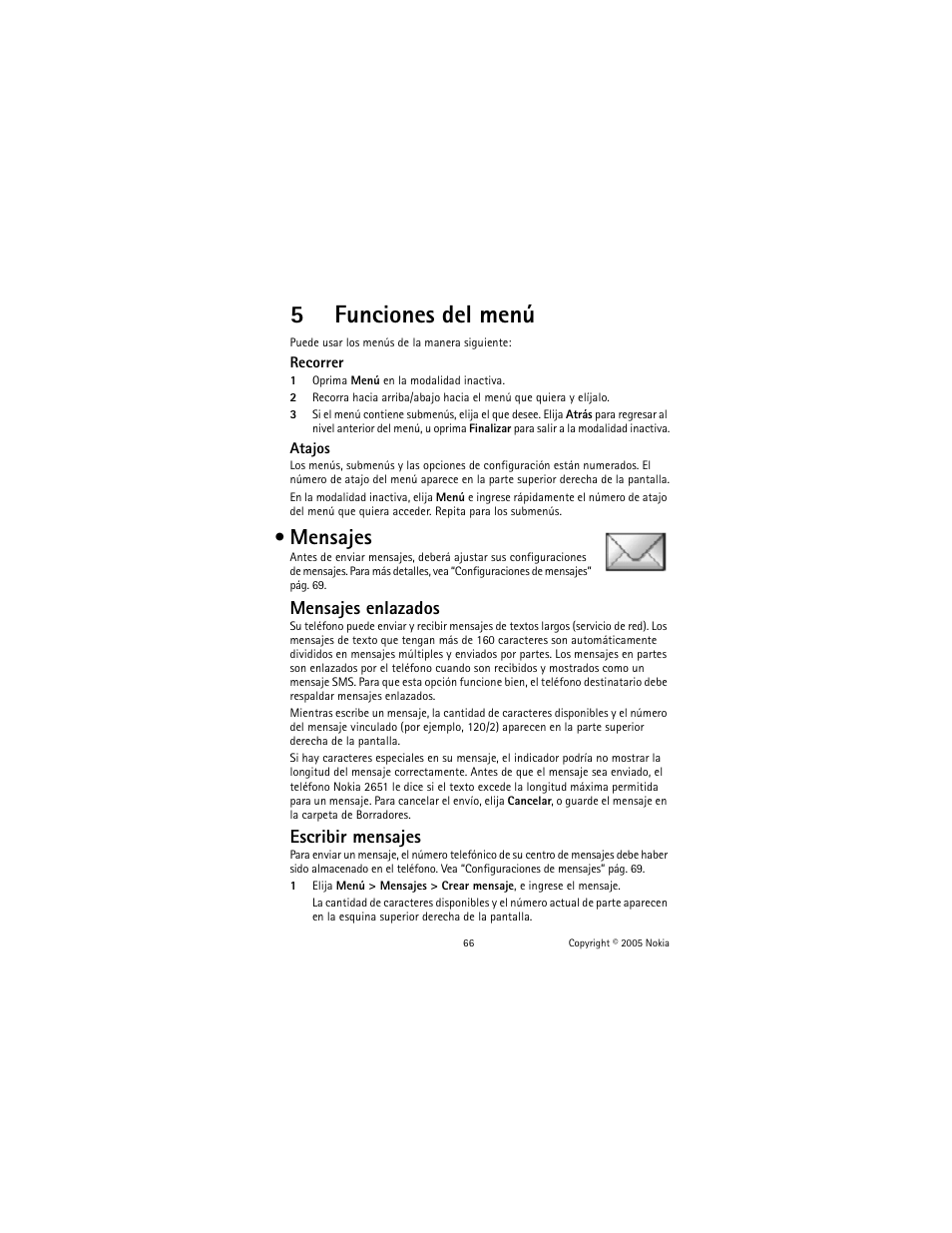 5 funciones del menú, Mensajes, Funciones del menú mensajes | 5funciones del menú, Mensajes enlazados, Escribir mensajes | Nokia 2651 User Manual | Page 67 / 97