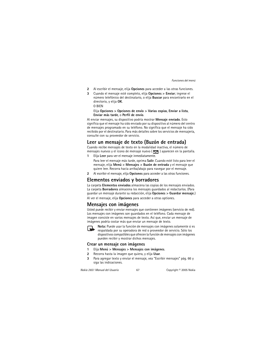 Leer un mensaje de texto (buzón de entrada), Elementos enviados y borradores, Mensajes con imágenes | Nokia 2651 User Manual | Page 68 / 97