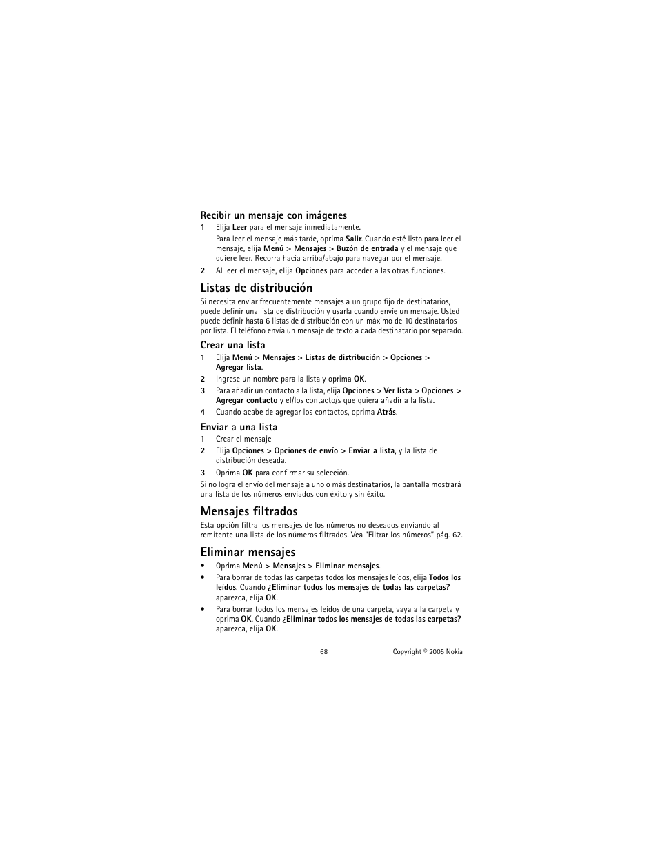 Listas de distribución, Mensajes filtrados, Eliminar mensajes | Nokia 2651 User Manual | Page 69 / 97