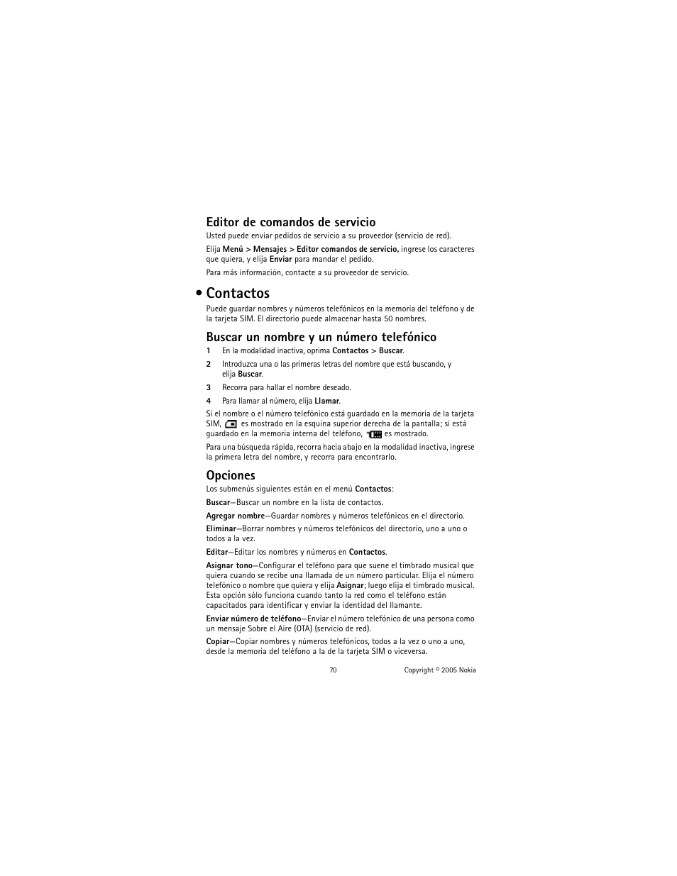 Contactos, Editor de comandos de servicio, Buscar un nombre y un número telefónico | Opciones | Nokia 2651 User Manual | Page 71 / 97