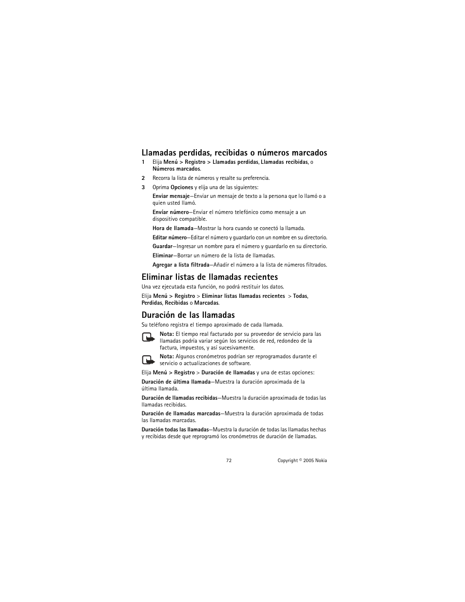 Llamadas perdidas, recibidas o números marcados, Eliminar listas de llamadas recientes, Duración de las llamadas | Nokia 2651 User Manual | Page 73 / 97