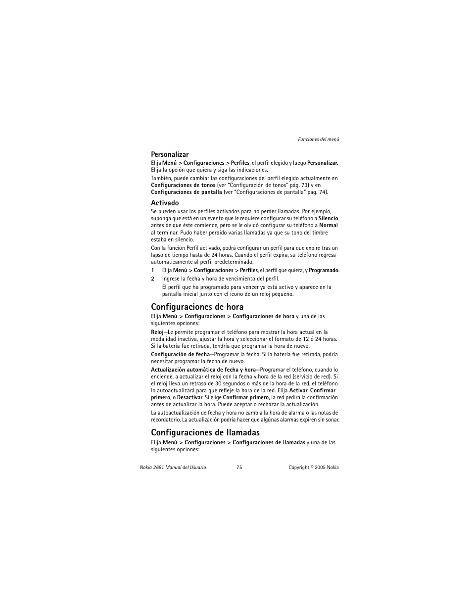 Configuraciones de hora, Configuraciones de llamadas | Nokia 2651 User Manual | Page 76 / 97