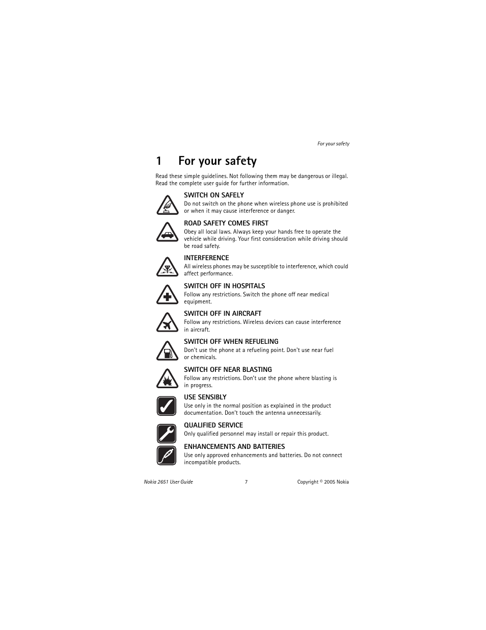 1 for your safety, For your safety, 1for your safety | Nokia 2651 User Manual | Page 8 / 97