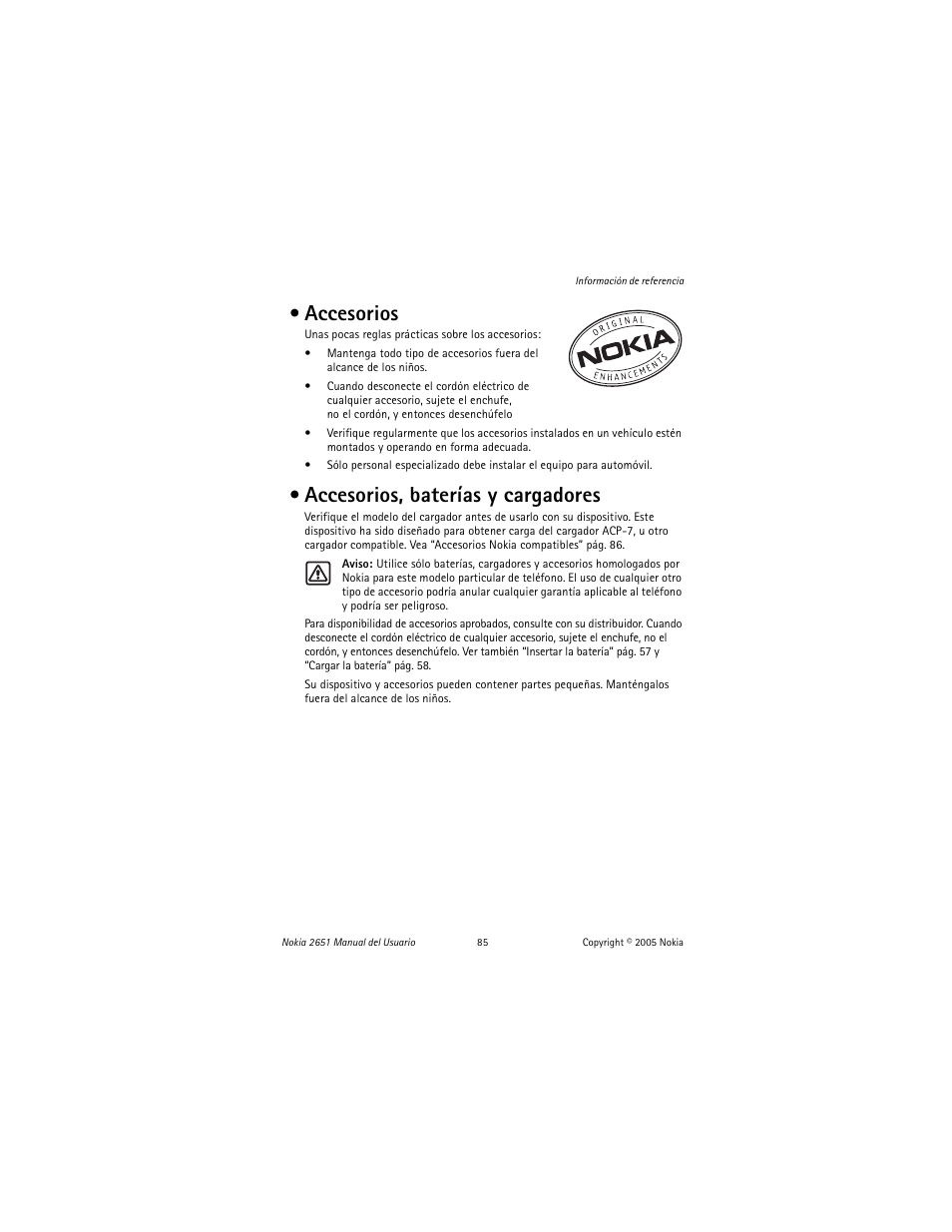 Accesorios, Accesorios, baterías y cargadores, Accesorios accesorios, baterías y cargadores | Nokia 2651 User Manual | Page 86 / 97