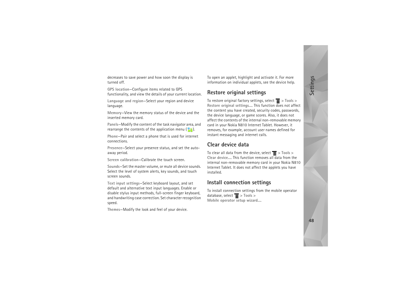 Restore original settings, Clear device data, Install connection settings | Settings | Nokia NSERIES N800 User Manual | Page 48 / 56