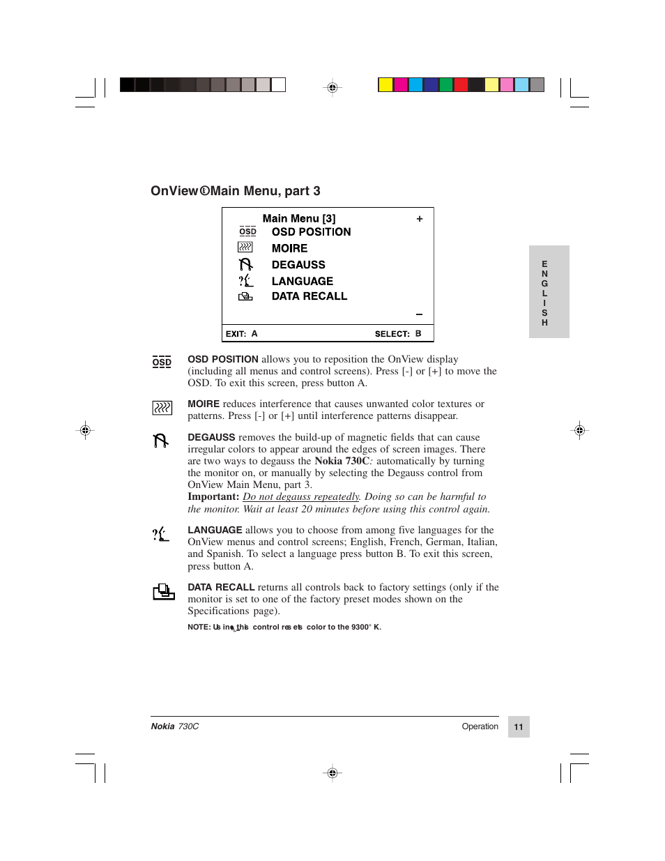 Onview, Main menu, part 3 | Nokia 730C User Manual | Page 12 / 17