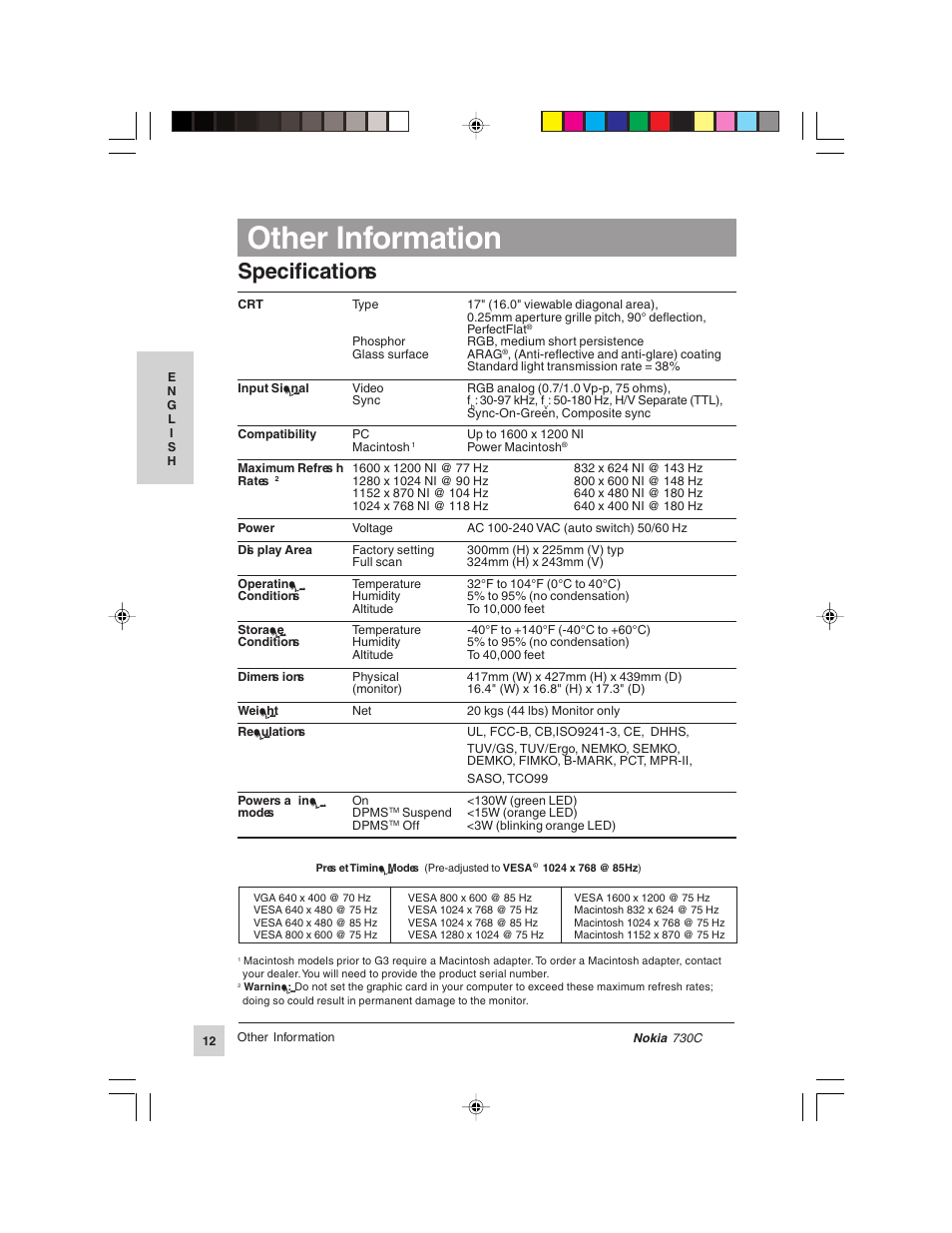 Other information, Specifications | Nokia 730C User Manual | Page 13 / 17