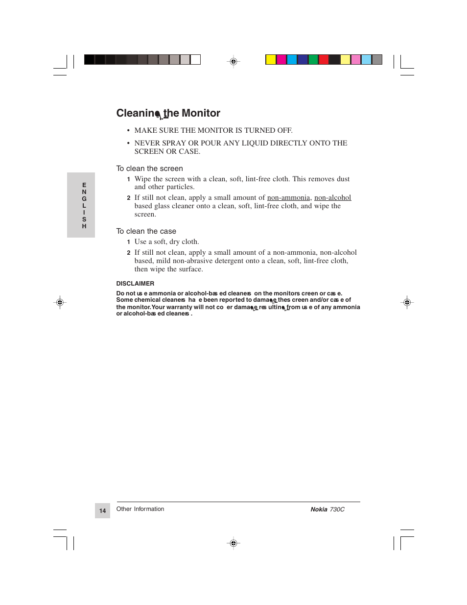 Cleaning the monitor | Nokia 730C User Manual | Page 15 / 17