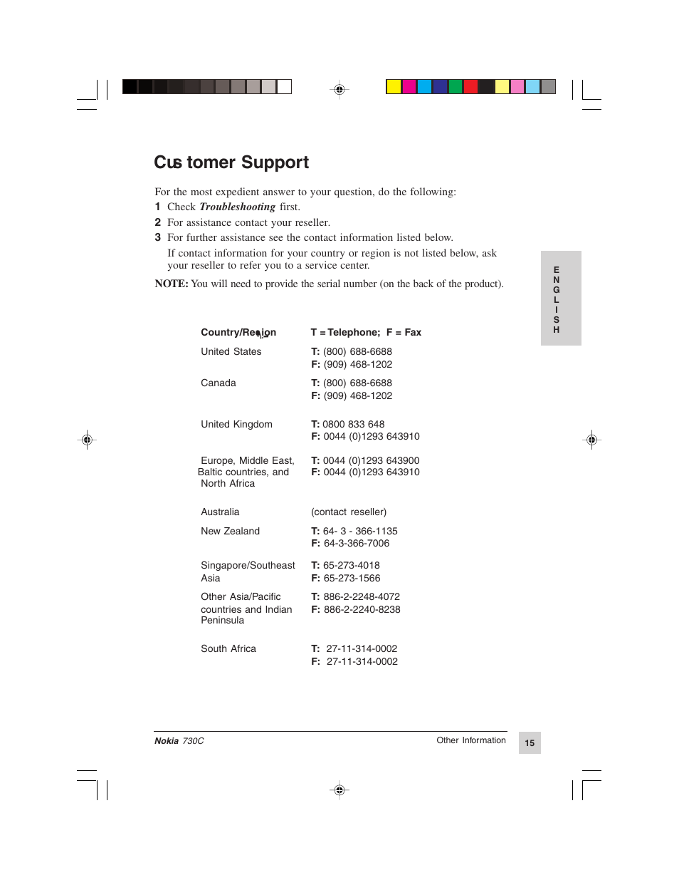 Customer support | Nokia 730C User Manual | Page 16 / 17
