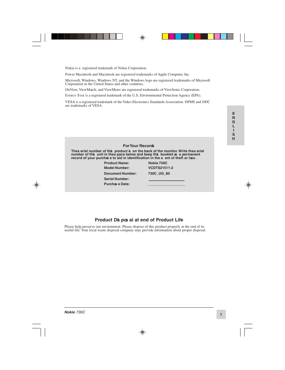 Product disposal at end of product life | Nokia 730C User Manual | Page 2 / 17