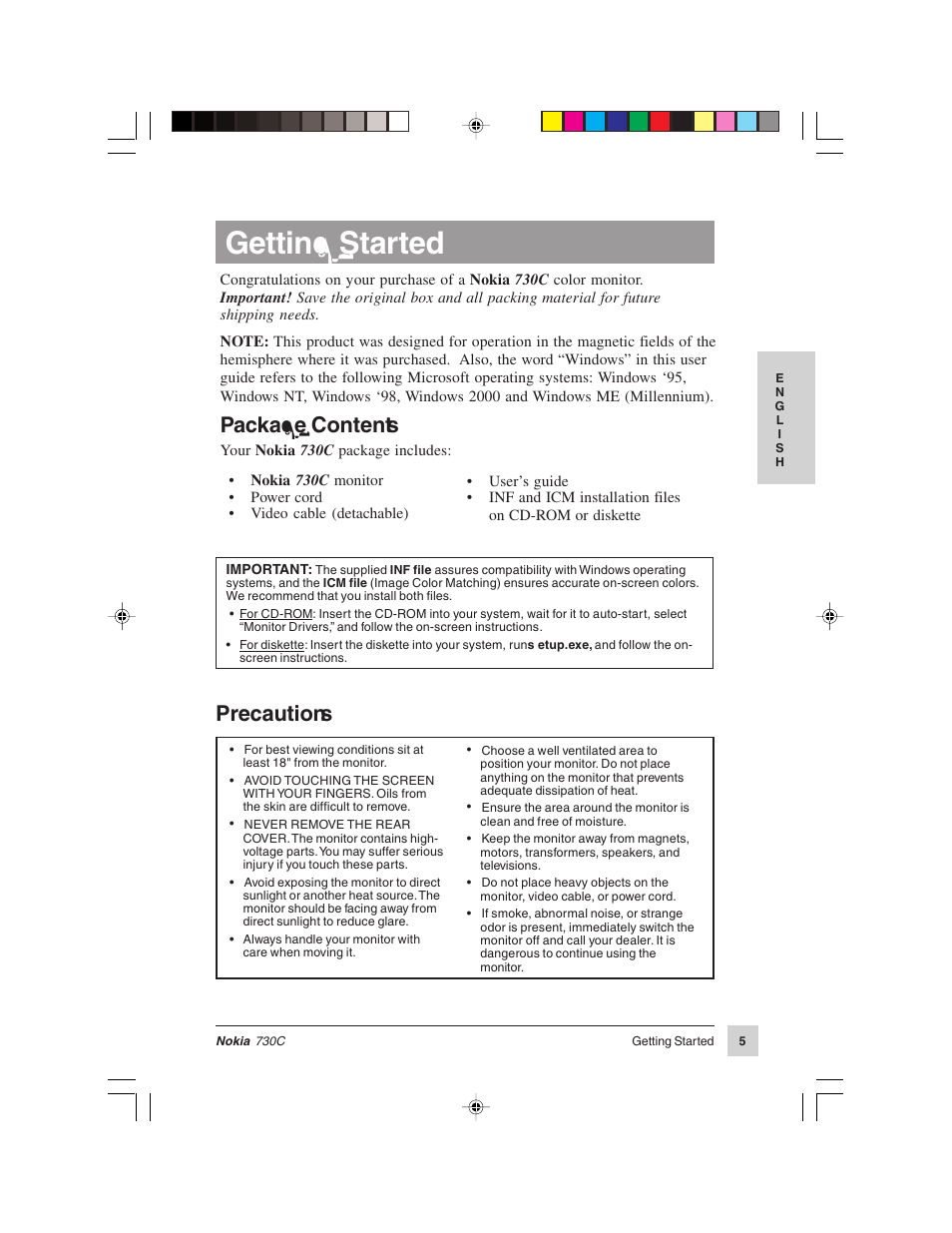 Getting started, Package contents, Precautions | Nokia 730C User Manual | Page 6 / 17
