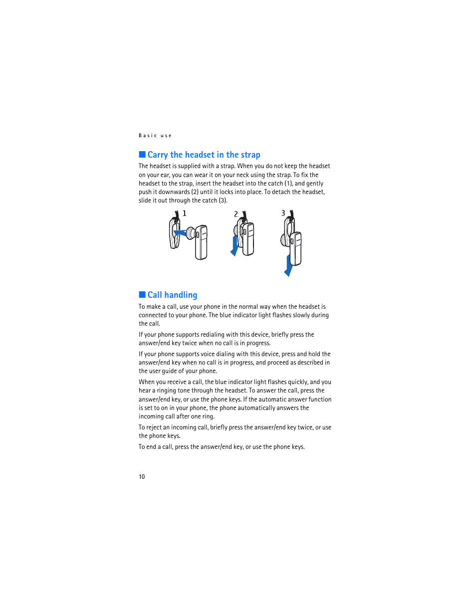 Carry the headset in the strap, Call handling, Carry the headset in the strap call handling | Nokia Bluetooth Headset BH-700 User Manual | Page 10 / 13