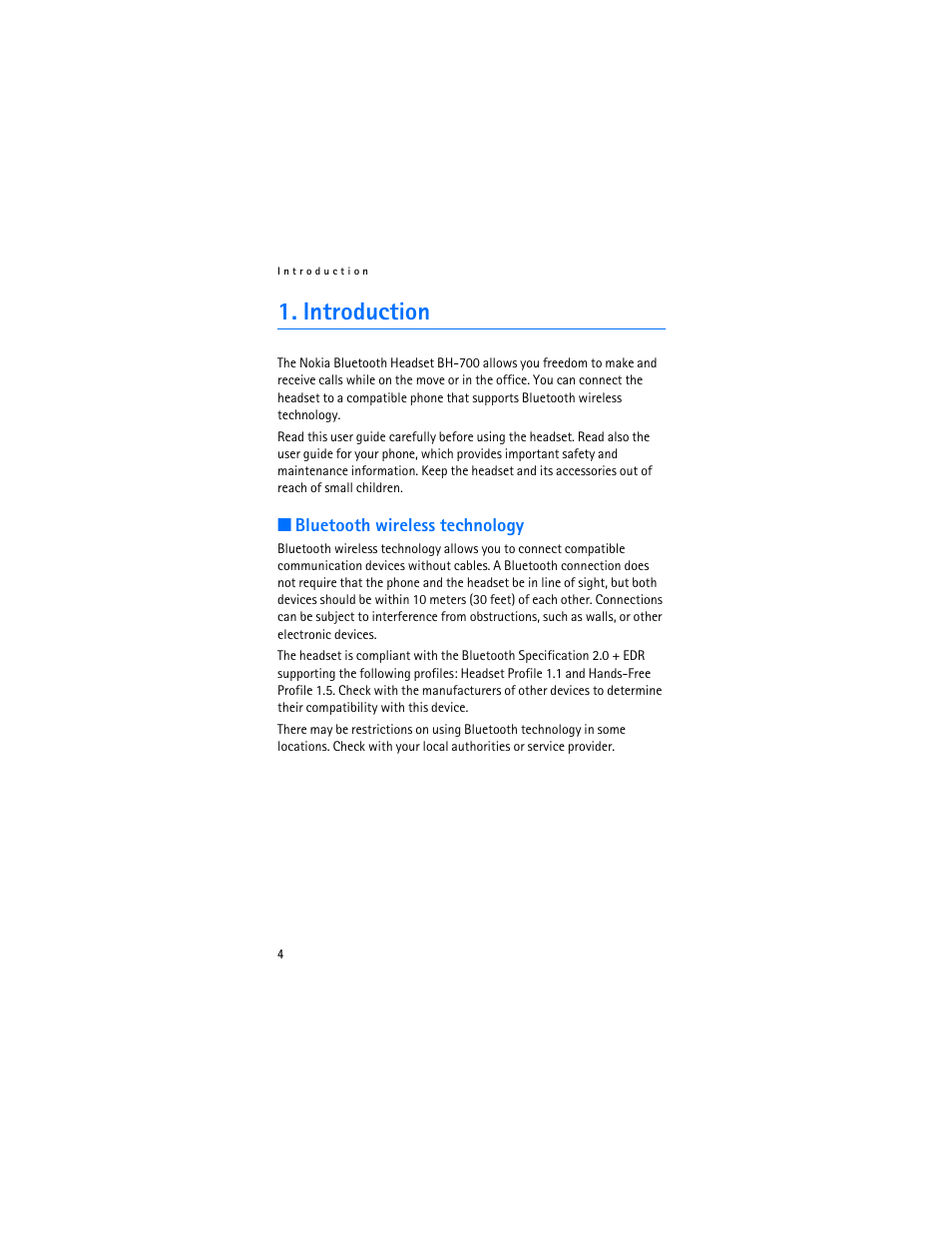 Introduction, Bluetooth wireless technology | Nokia Bluetooth Headset BH-700 User Manual | Page 4 / 13