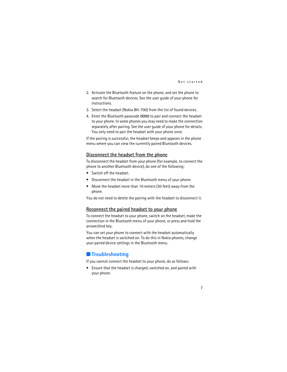 Disconnect the headset from the phone, Reconnect the paired headset to your phone, Troubleshooting | Nokia Bluetooth Headset BH-700 User Manual | Page 7 / 13