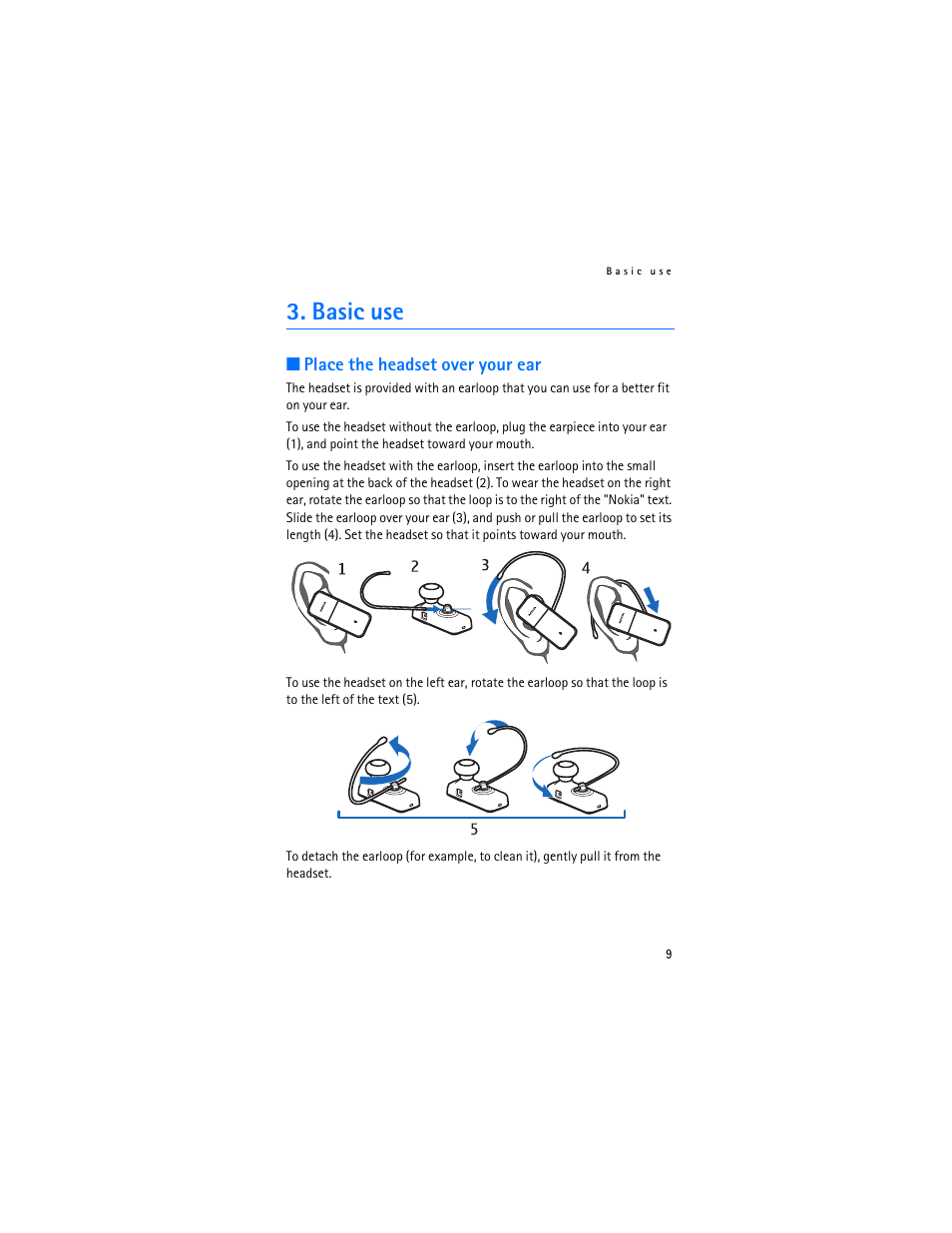 Basic use, Place the headset over your ear | Nokia Bluetooth Headset BH-700 User Manual | Page 9 / 13