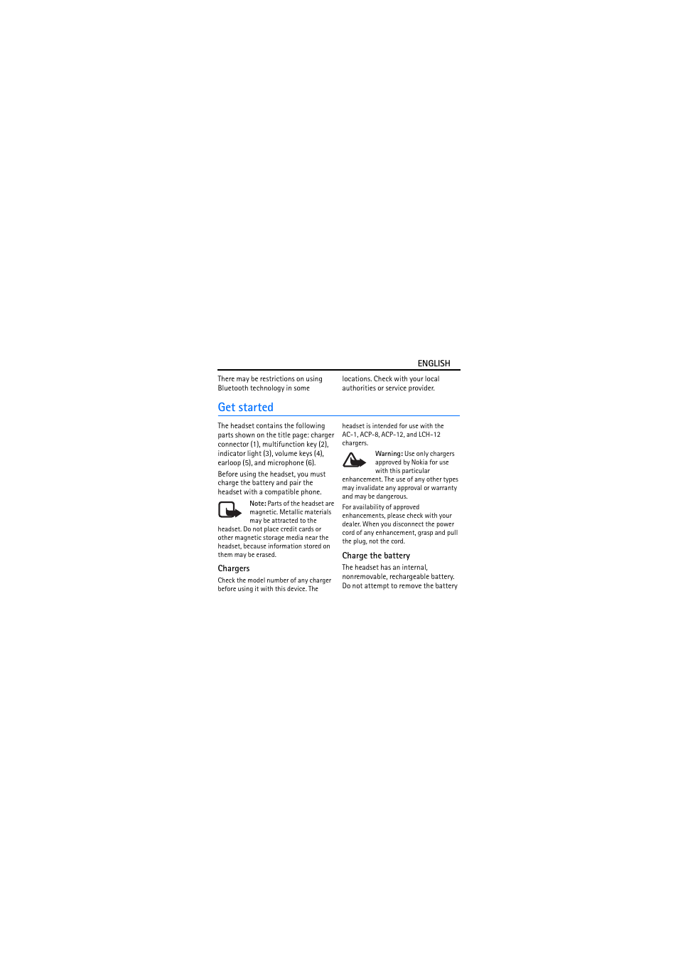 Get started, Chargers, Charge the battery | Nokia BH-203 User Manual | Page 4 / 9