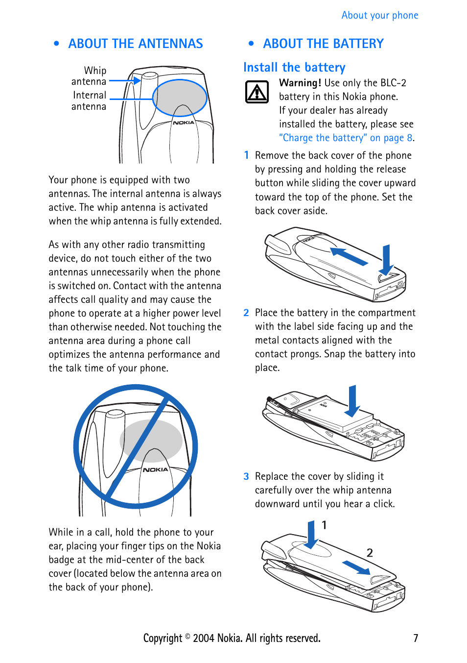 About the antennas, About the battery, Install the battery | About the antennas about the battery, About the battery install the battery | Nokia 3586 User Manual | Page 11 / 98