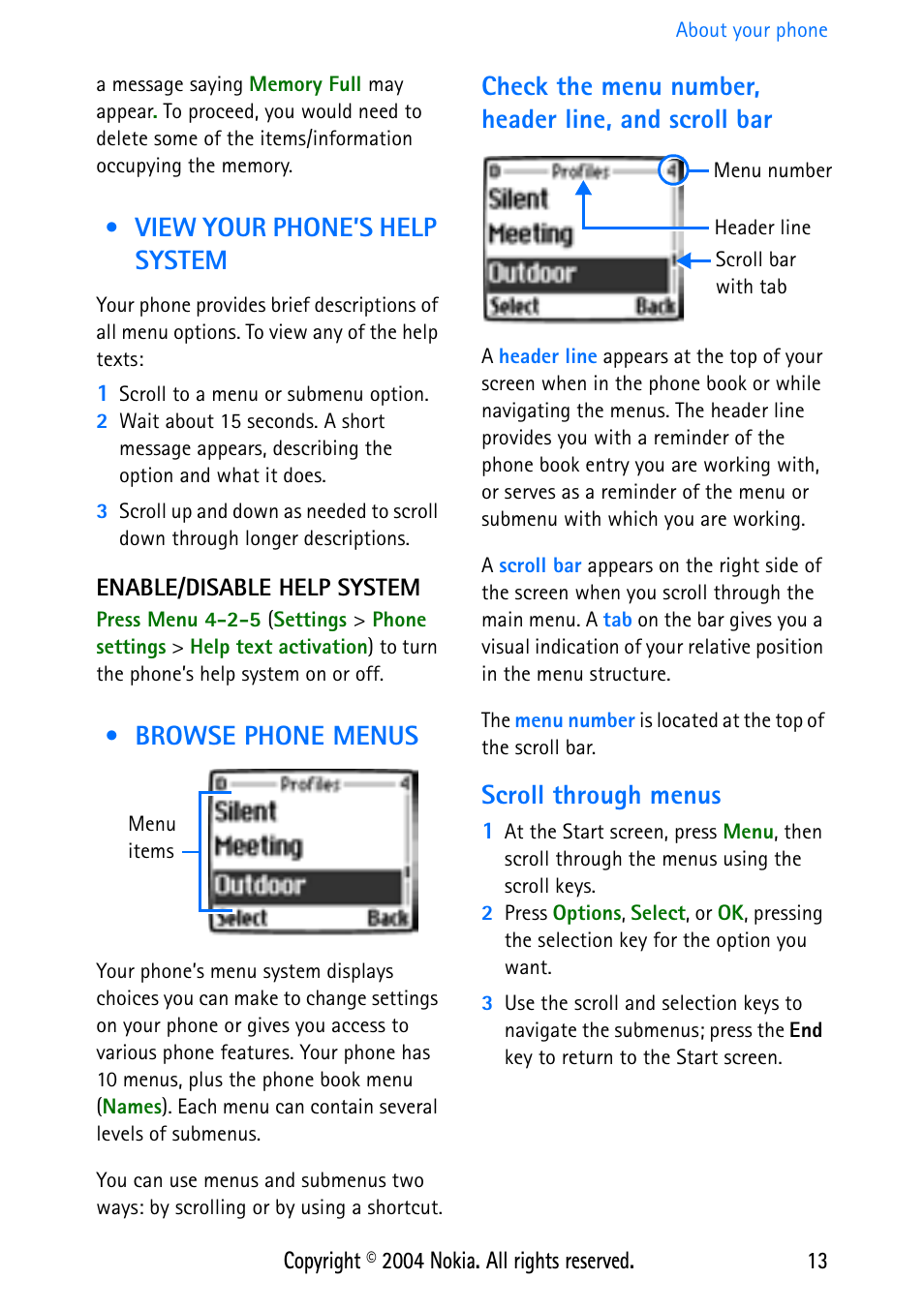 View your phone’s help system, Enable/disable help system, Browse phone menus | Check the menu number, header line, and scroll bar, Scroll through menus, View your phone’s help system browse phone menus | Nokia 3586 User Manual | Page 17 / 98