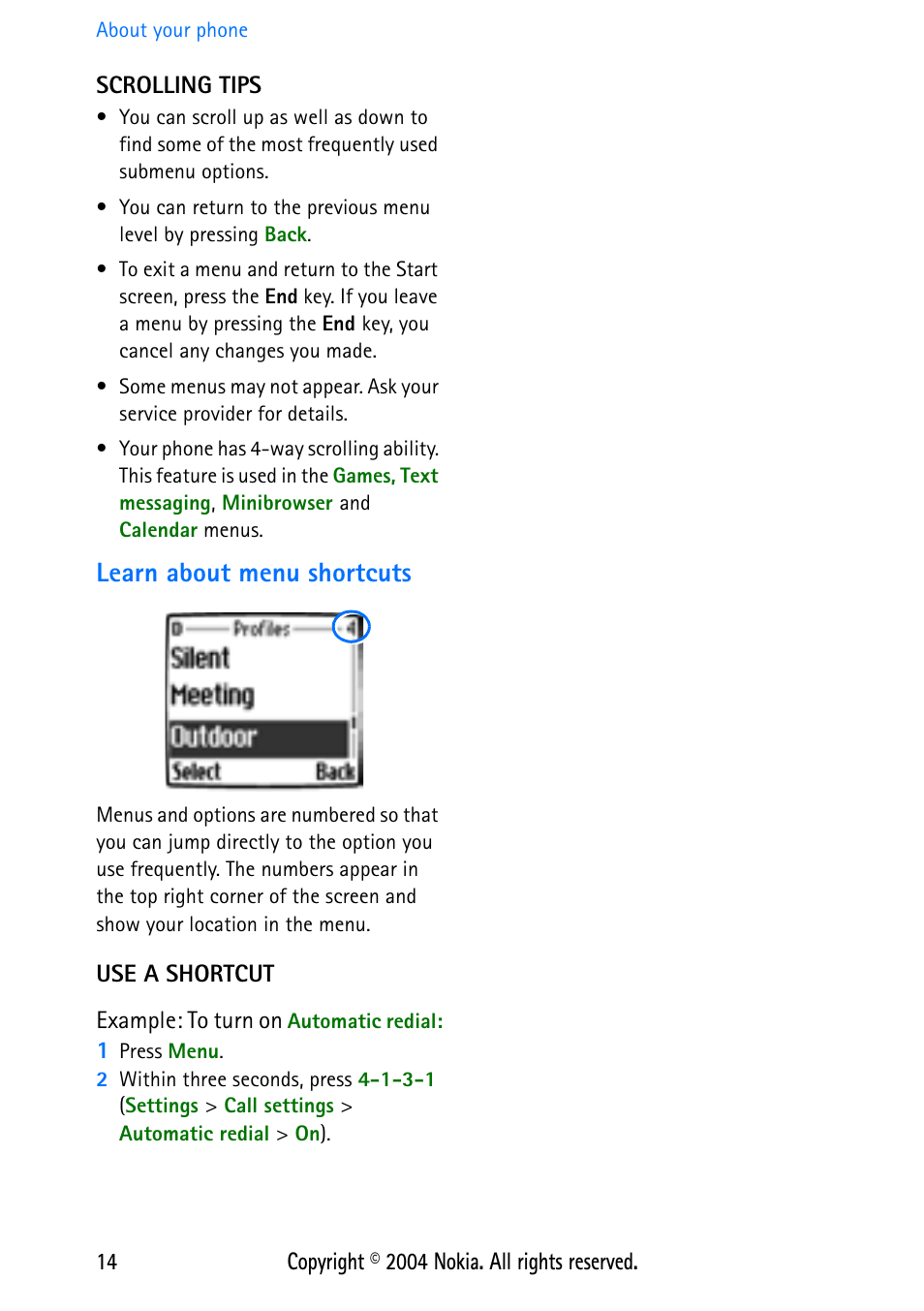 Learn about menu shortcuts, Use a shortcut, Example: to turn on automatic redial | Nokia 3586 User Manual | Page 18 / 98