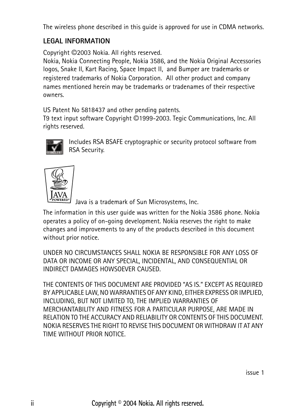 Legal information | Nokia 3586 User Manual | Page 2 / 98