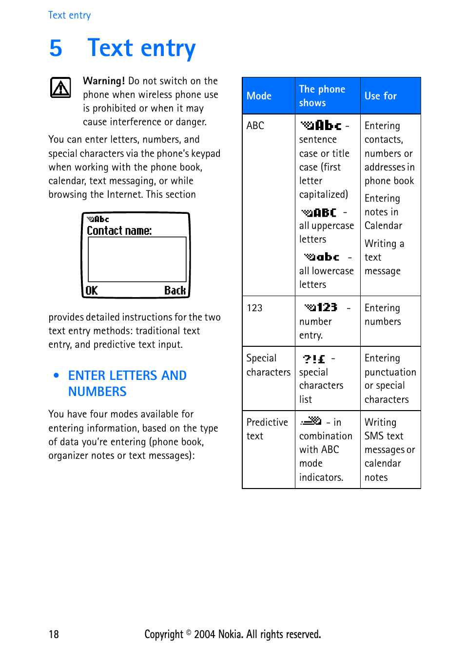 5 text entry, Enter letters and numbers, 5text entry | Nokia 3586 User Manual | Page 22 / 98