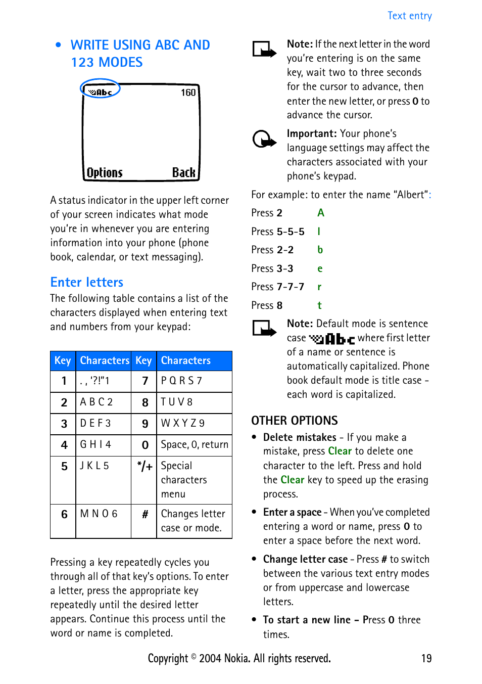 Write using abc and 123 modes, Enter letters, Other options | Nokia 3586 User Manual | Page 23 / 98