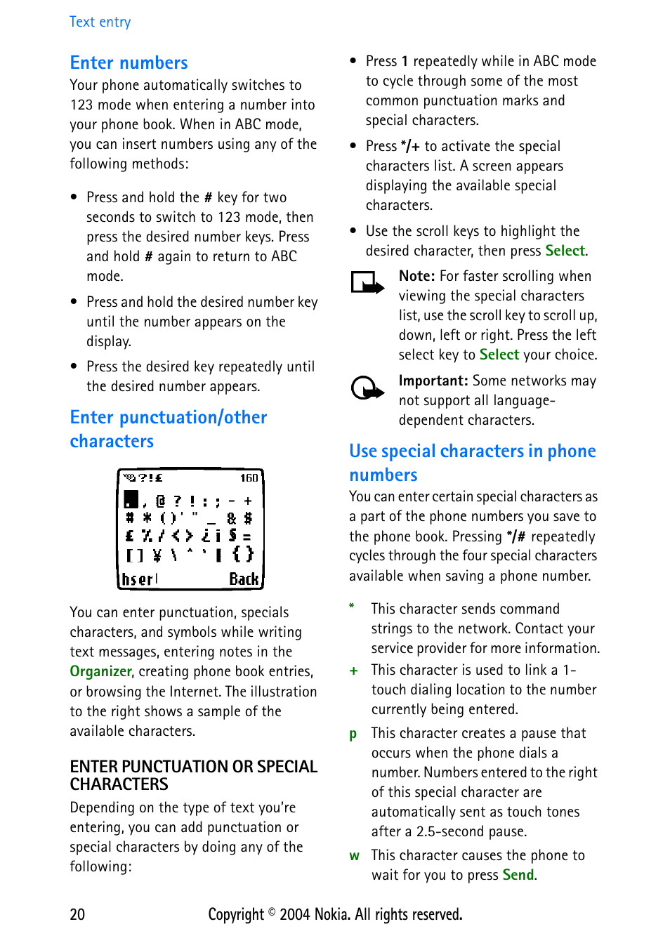 Enter numbers, Enter punctuation/other characters, Enter punctuation or special characters | Use special characters in phone numbers | Nokia 3586 User Manual | Page 24 / 98