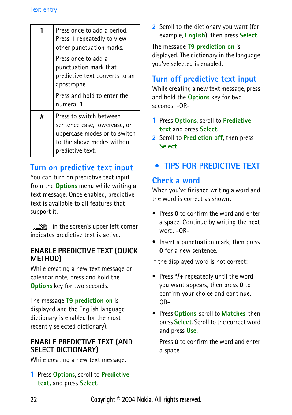 Turn on predictive text input, Enable predictive text (quick method), Enable predictive text (and select dictionary) | Turn off predictive text input, Tips for predictive text, Check a word, Tips for predictive text check a word | Nokia 3586 User Manual | Page 26 / 98