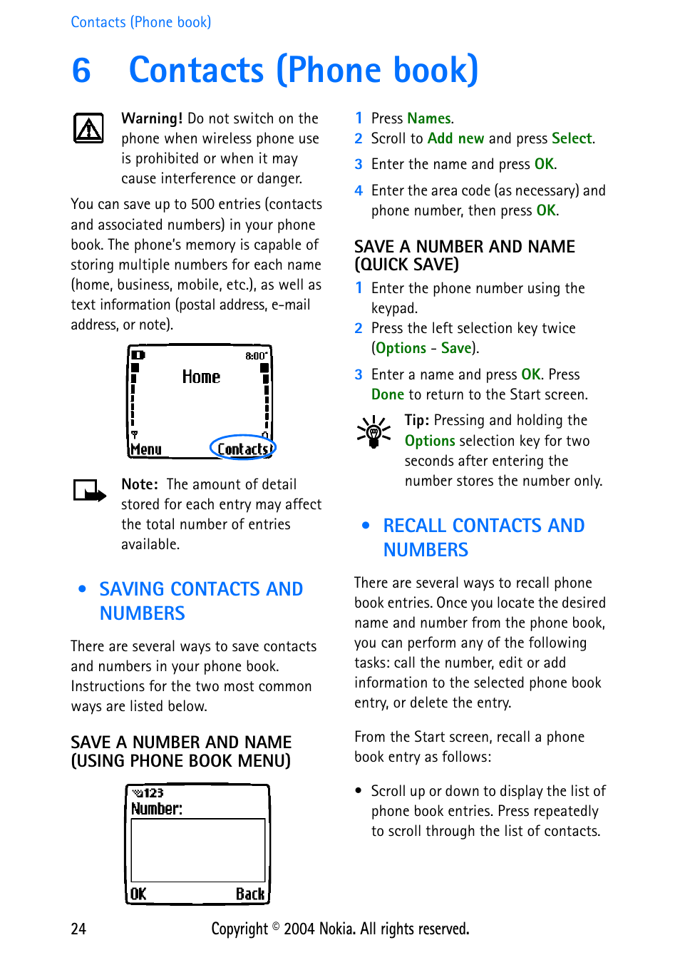 6 contacts (phone book), Saving contacts and numbers, Save a number and name (using phone book menu) | Save a number and name (quick save), Recall contacts and numbers, 6contacts (phone book) | Nokia 3586 User Manual | Page 28 / 98