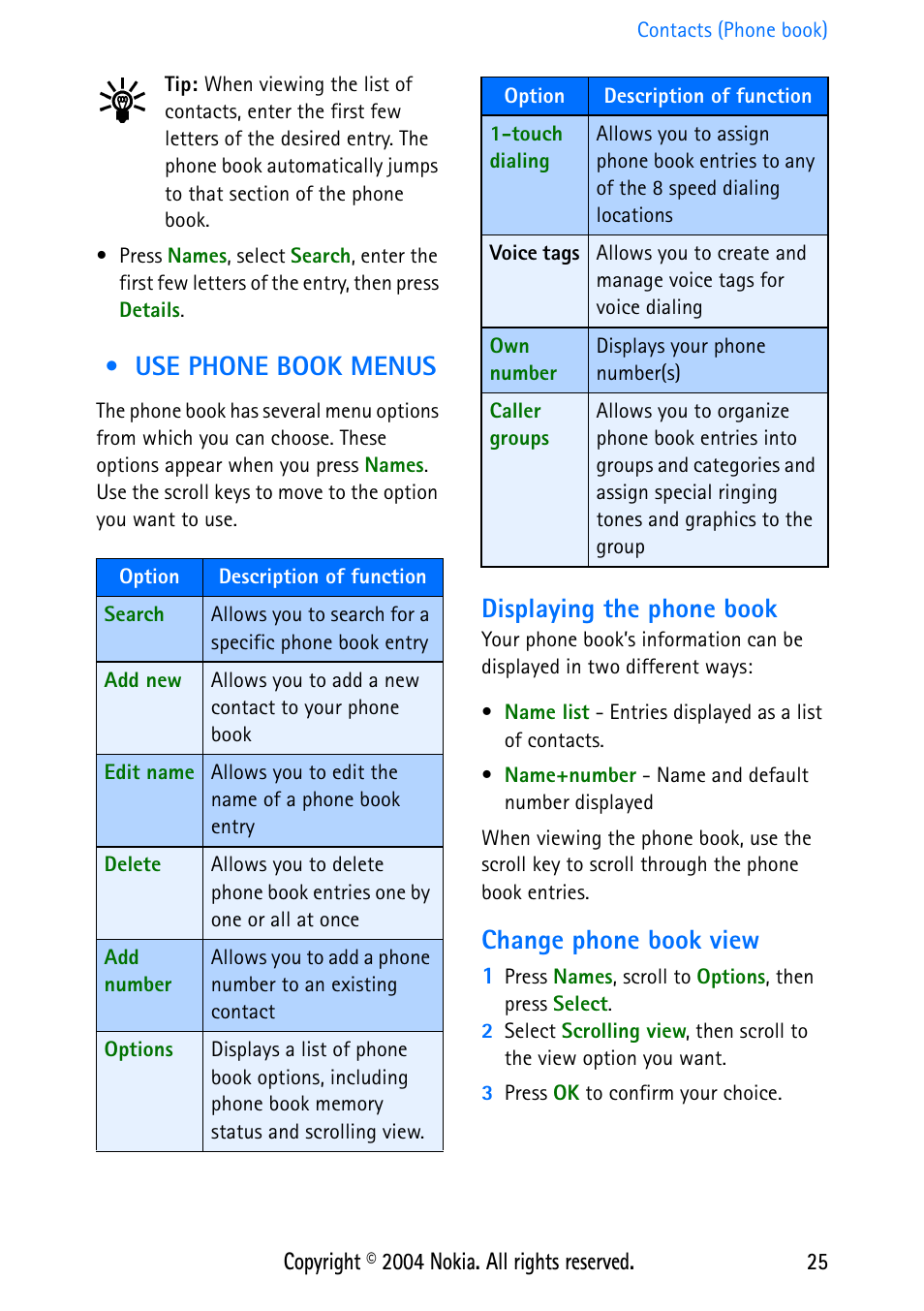 Use phone book menus, Displaying the phone book, Change phone book view | Nokia 3586 User Manual | Page 29 / 98