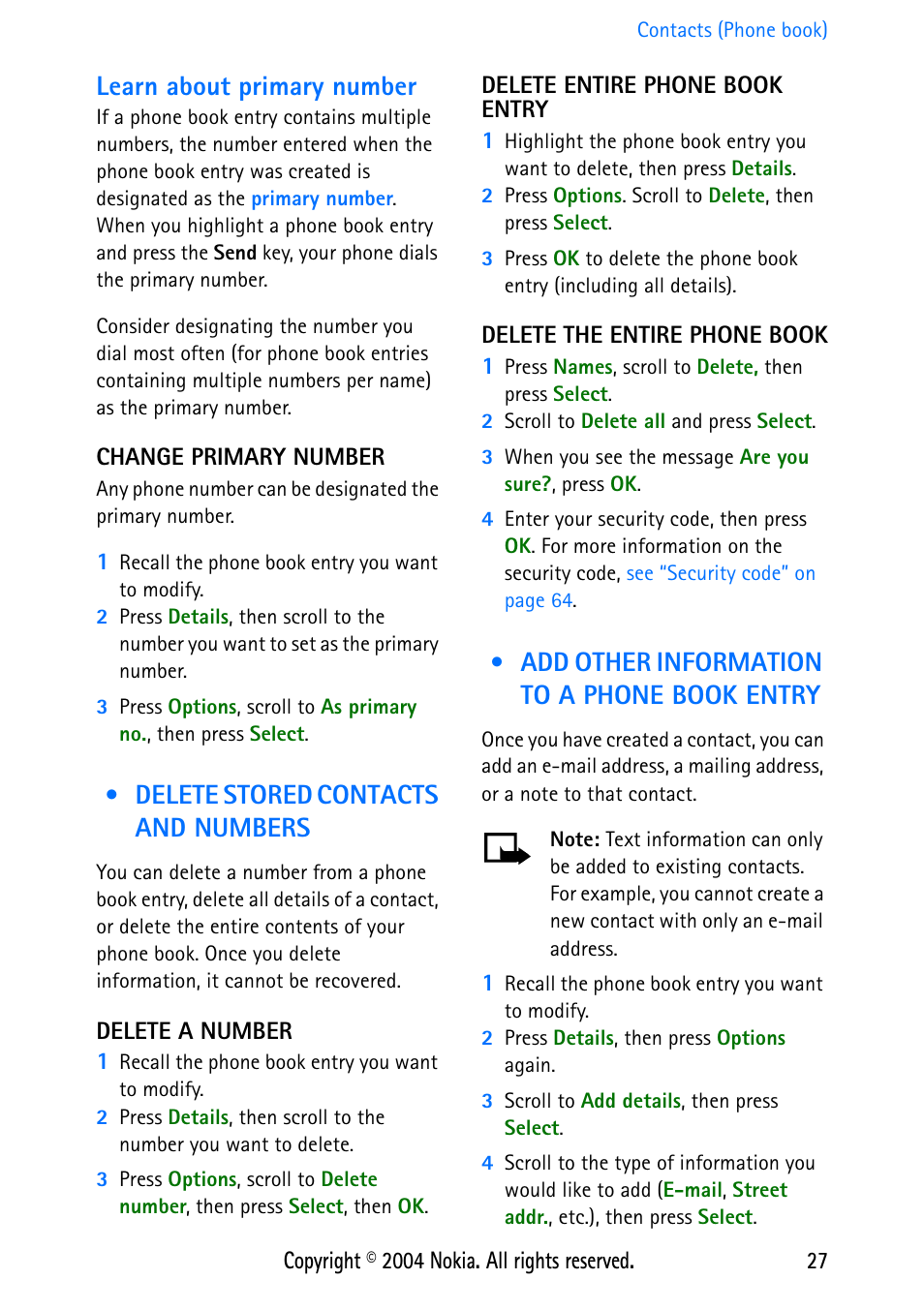 Learn about primary number, Change primary number, Delete stored contacts and numbers | Delete a number, Delete entire phone book entry, Delete the entire phone book, Add other information to a phone book entry | Nokia 3586 User Manual | Page 31 / 98