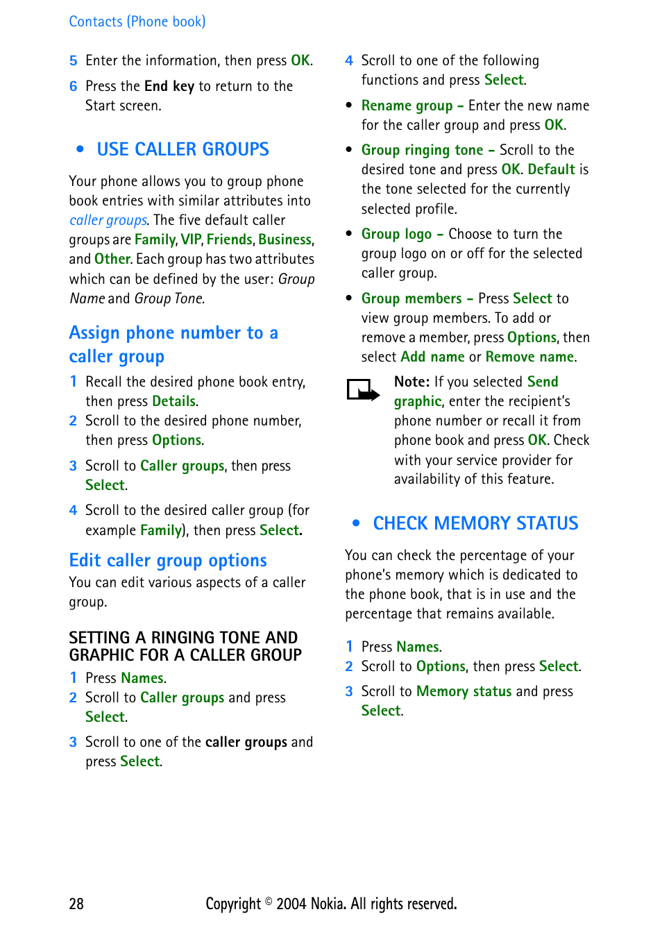 Use caller groups, Assign phone number to a caller group, Edit caller group options | Check memory status, Use caller groups check memory status | Nokia 3586 User Manual | Page 32 / 98