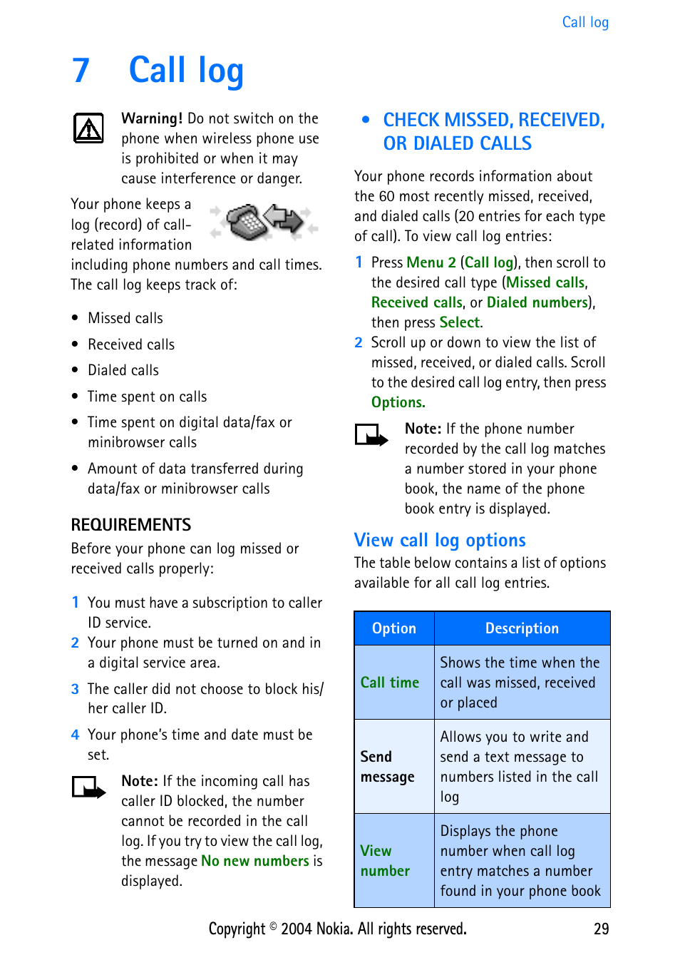 7 call log, Requirements, Check missed, received, or dialed calls | View call log options, 7call log | Nokia 3586 User Manual | Page 33 / 98