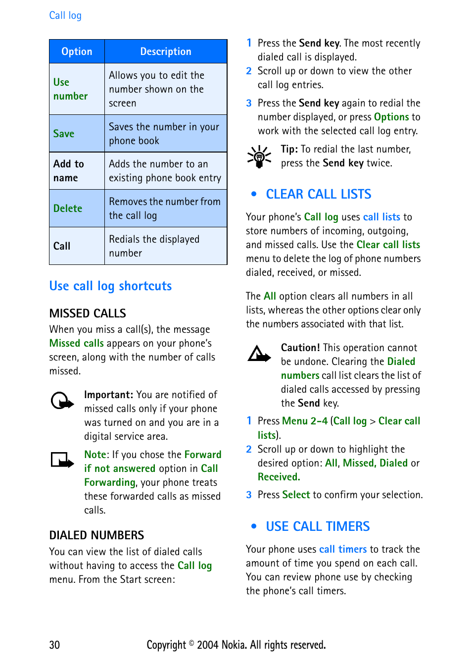 Use call log shortcuts, Missed calls, Dialed numbers | Clear call lists, Use call timers, Clear call lists use call timers | Nokia 3586 User Manual | Page 34 / 98
