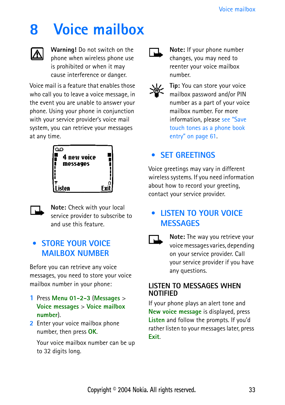 8 voice mailbox, Store your voice mailbox number, Set greetings | Listen to your voice messages, Listen to messages when notified, 8voice mailbox | Nokia 3586 User Manual | Page 37 / 98