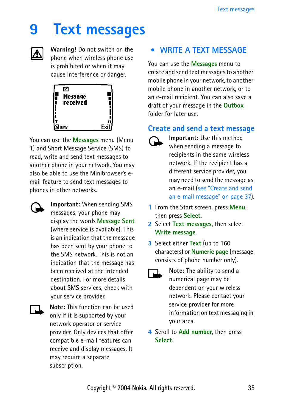 9 text messages, Write a text message, Create and send a text message | 9text messages | Nokia 3586 User Manual | Page 39 / 98