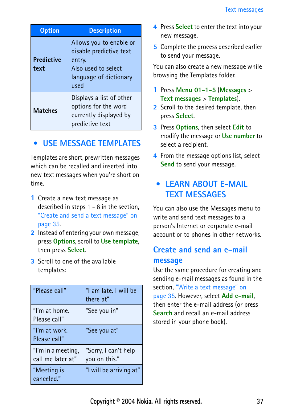 Use message templates, Learn about e-mail text messages, Create and send an e-mail message | Nokia 3586 User Manual | Page 41 / 98
