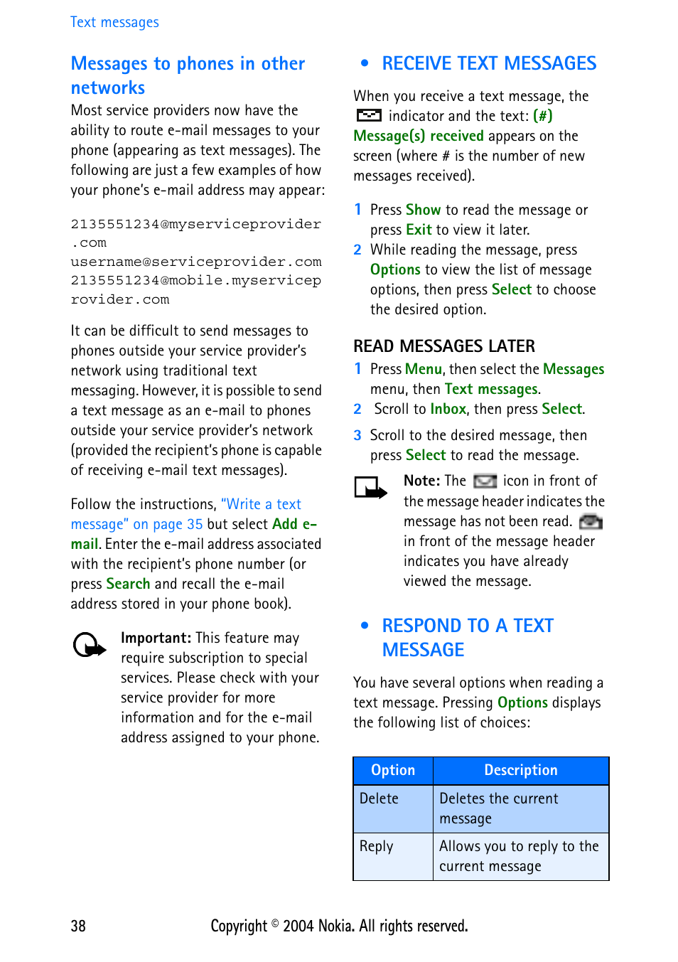 Messages to phones in other networks, Receive text messages, Read messages later | Respond to a text message, Receive text messages respond to a text message | Nokia 3586 User Manual | Page 42 / 98