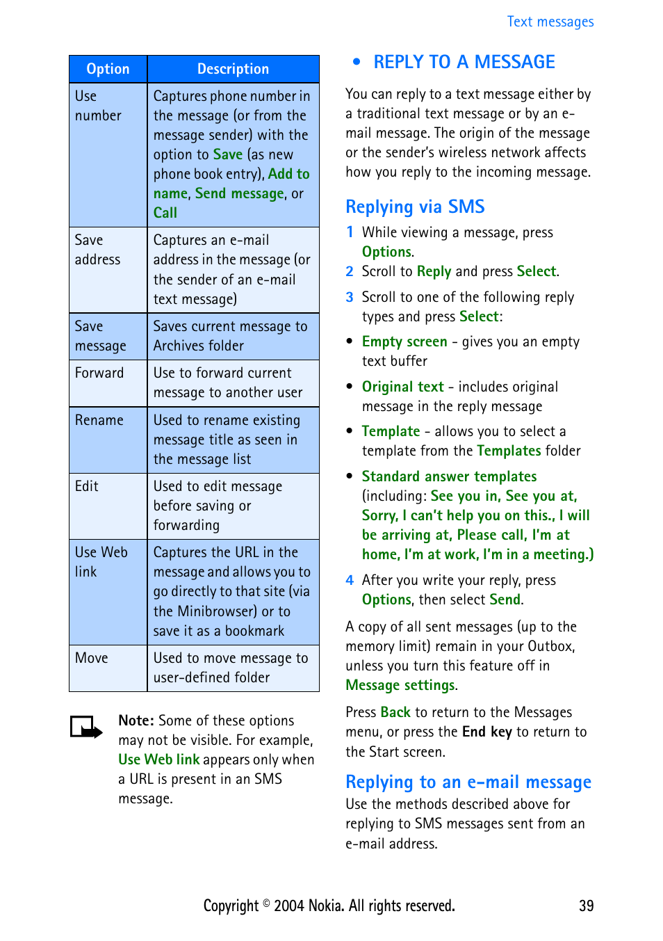 Reply to a message, Replying via sms, Replying to an e-mail message | Nokia 3586 User Manual | Page 43 / 98