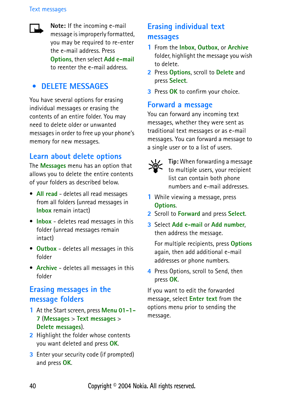 Delete messages, Learn about delete options, Erasing messages in the message folders | Erasing individual text messages, Forward a message | Nokia 3586 User Manual | Page 44 / 98