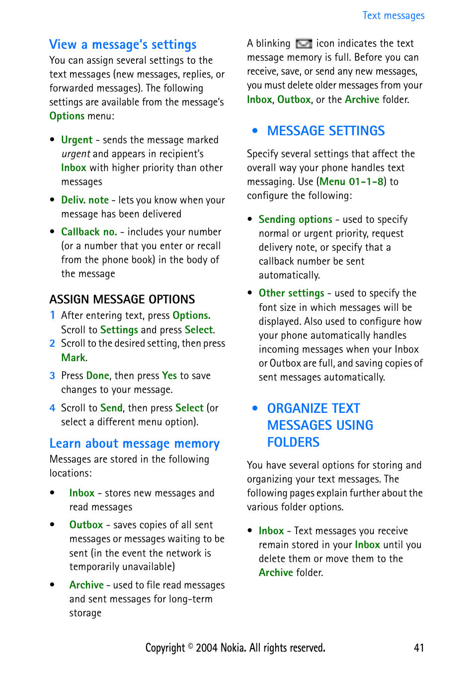 View a message’s settings, Assign message options, Learn about message memory | Message settings, Organize text messages using folders | Nokia 3586 User Manual | Page 45 / 98