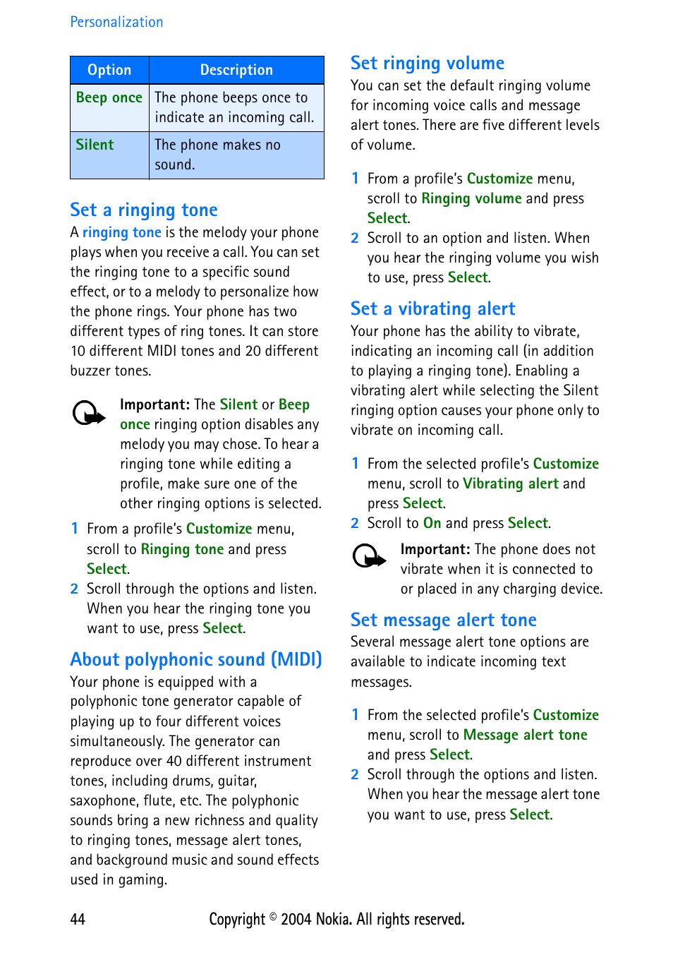 Set a ringing tone, About polyphonic sound (midi), Set ringing volume | Set a vibrating alert, Set message alert tone | Nokia 3586 User Manual | Page 48 / 98