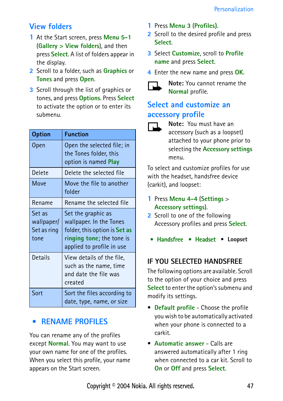 View folders, Rename profiles, Select and customize an accessory profile | If you selected handsfree, In t | Nokia 3586 User Manual | Page 51 / 98