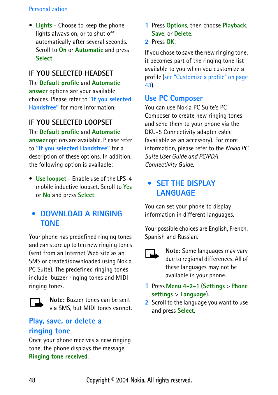 If you selected headset, If you selected loopset, Download a ringing tone | Play, save, or delete a ringing tone, Use pc composer, Set the display language, Download a ringing tone set the display language | Nokia 3586 User Manual | Page 52 / 98