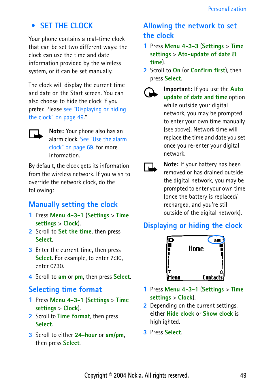 Set the clock, Manually setting the clock, Selecting time format | Allowing the network to set the clock, Displaying or hiding the clock | Nokia 3586 User Manual | Page 53 / 98