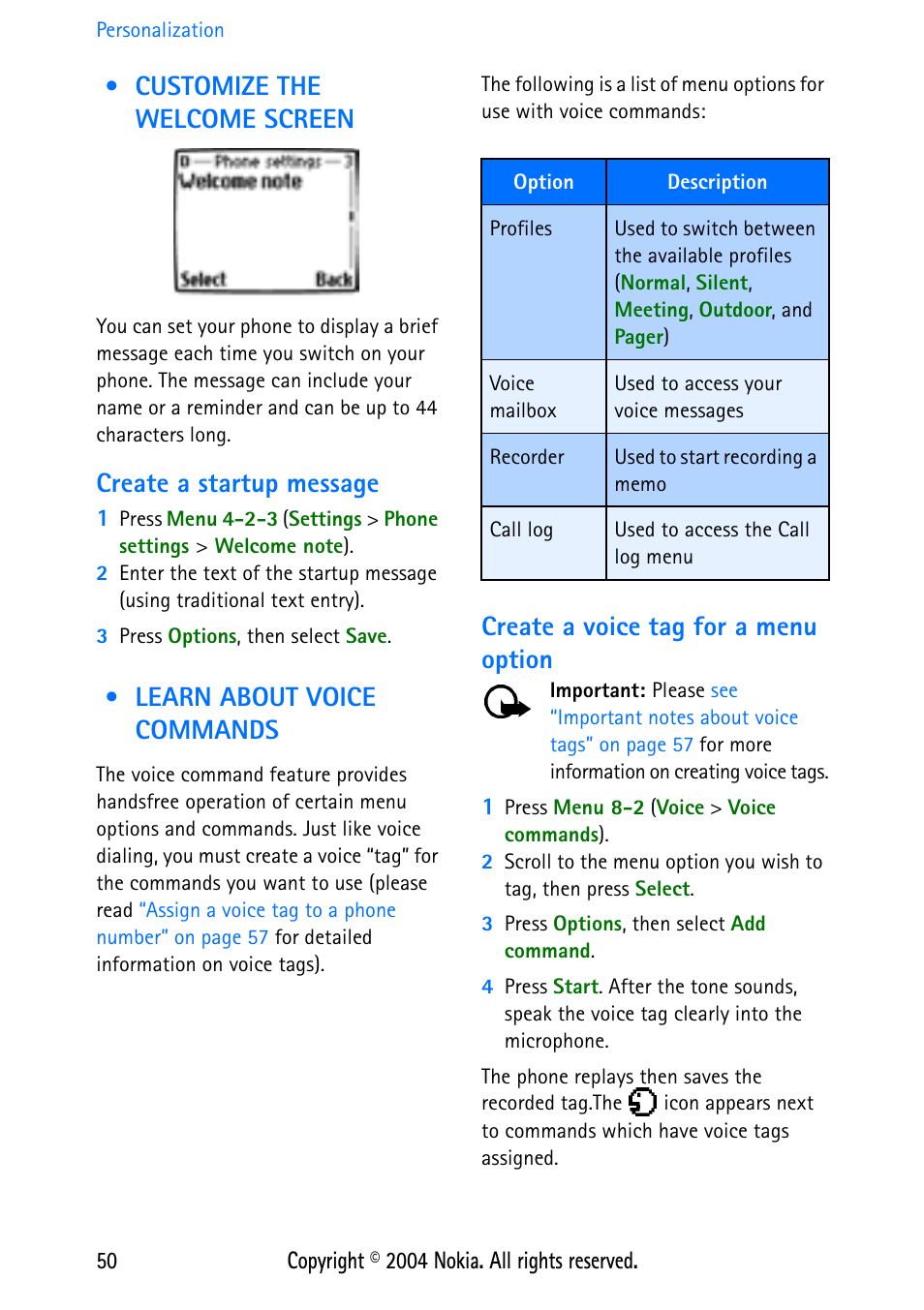 Customize the welcome screen, Create a startup message, Learn about voice commands | Create a voice tag for a menu option | Nokia 3586 User Manual | Page 54 / 98